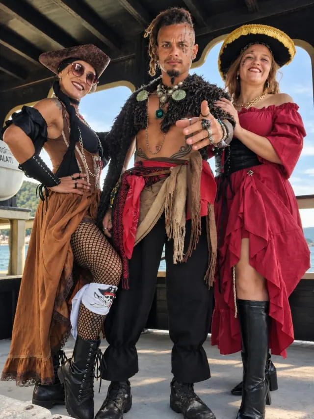 Tripulação pirata do Capitão do Mar a bordo do barco